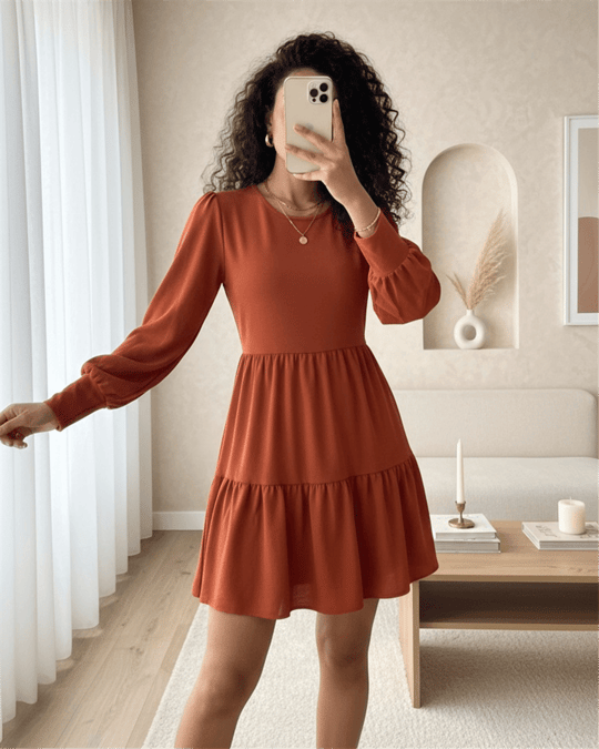 Womens Round-Neck Elastic-Waist Hem Layered Aerobin Dress - Terracotta
