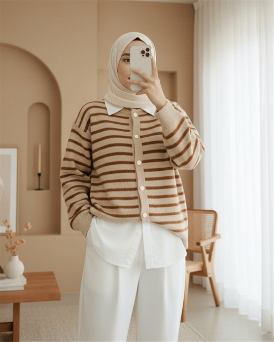 Yuvarlak Yaka Çizgili Düğmeli Yumoş Triko Hırka -Kahve