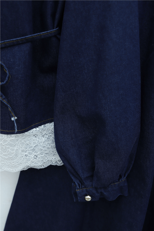 Womens Round-Neck Lace-Detail Belted Button-Front Skirted Denim Set - Dark Navy