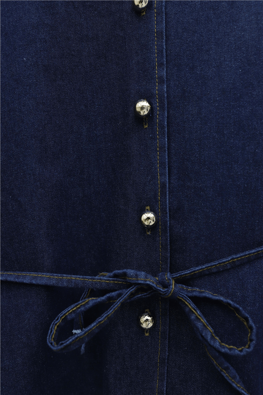 Womens Round-Neck Lace-Detail Belted Button-Front Skirted Denim Set - Dark Navy