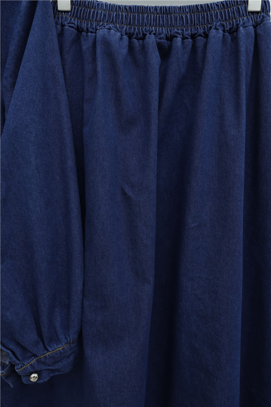 Womens Round-Neck Lace-Detail Belted Button-Front Skirted Denim Set - Indigo