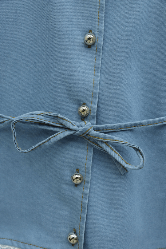Womens Round-Neck Lace-Detail Belted Button-Front Skirted Denim Set - Ice Blue