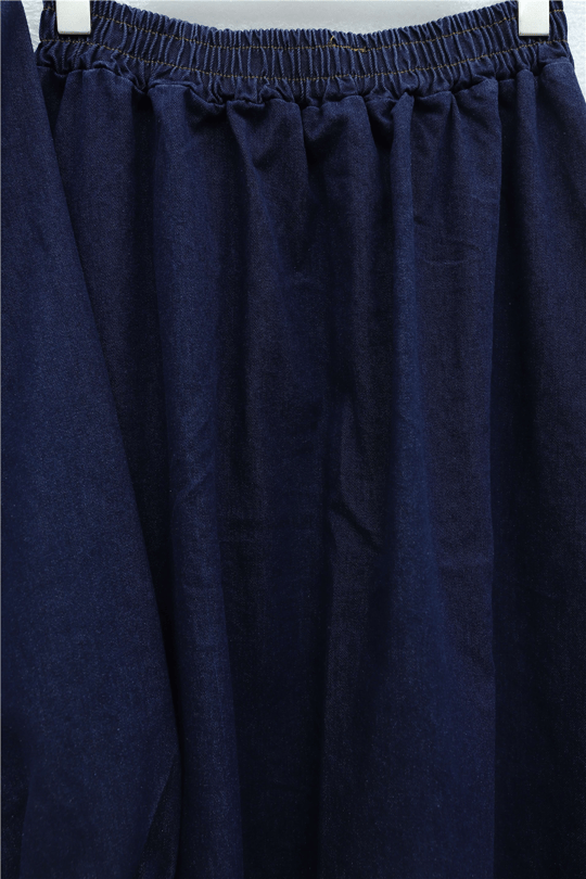 Womens Round-Neck Lace-Detail Belted Button-Front Skirted Denim Set - Dark Navy