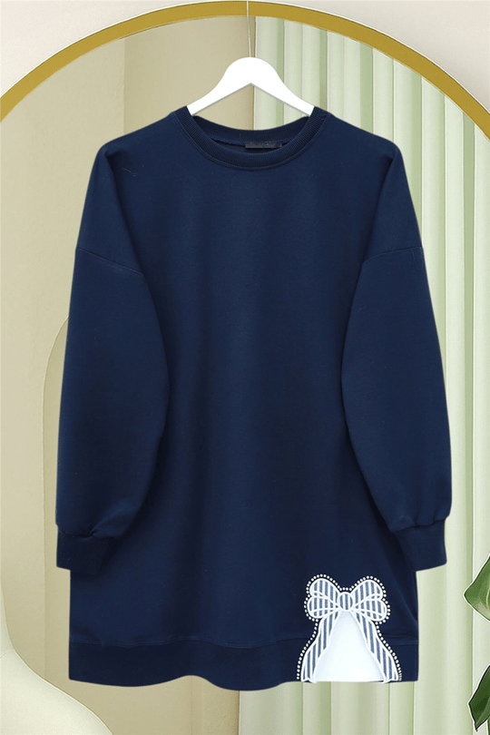 Yuvarlak Yaka Eteği Fiyonk Detaylı  Salaş Penye Tunik  -Laci-Tunik-349-7095-R03