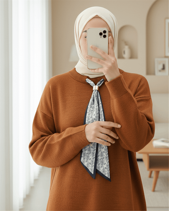 Yuvarlak Yaka Fularlı Salaş Triko Tunik -Kiremit