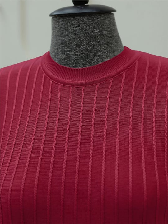 Yuvarlak Yaka İnce Çizgili Triko Tunik -Bordo
