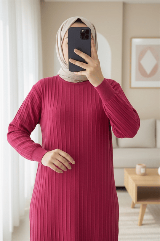 Yuvarlak Yaka İnce Çizgili Triko Tunik -Bordo