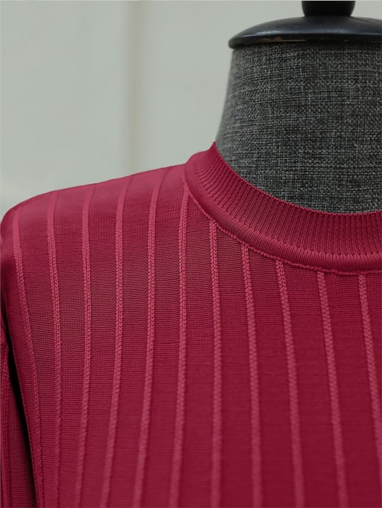 Yuvarlak Yaka İnce Çizgili Triko Tunik -Bordo