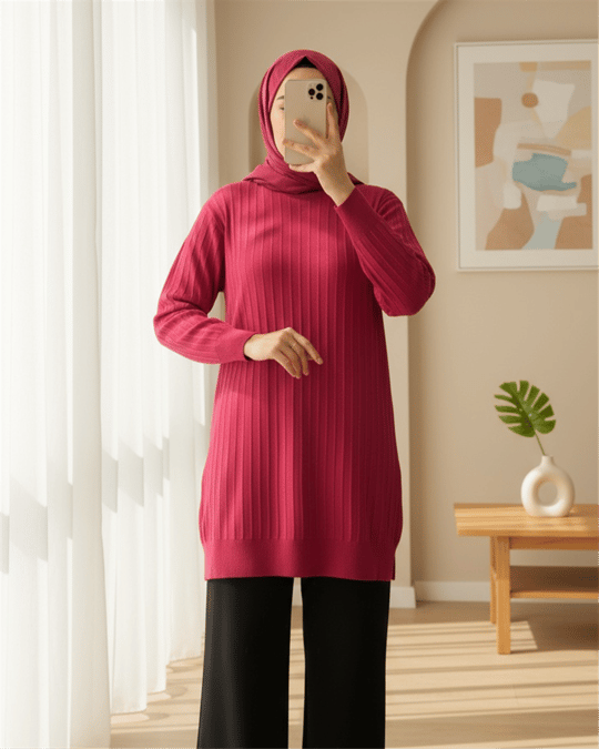 Yuvarlak Yaka İnce Çizgili Triko Tunik -Bordo