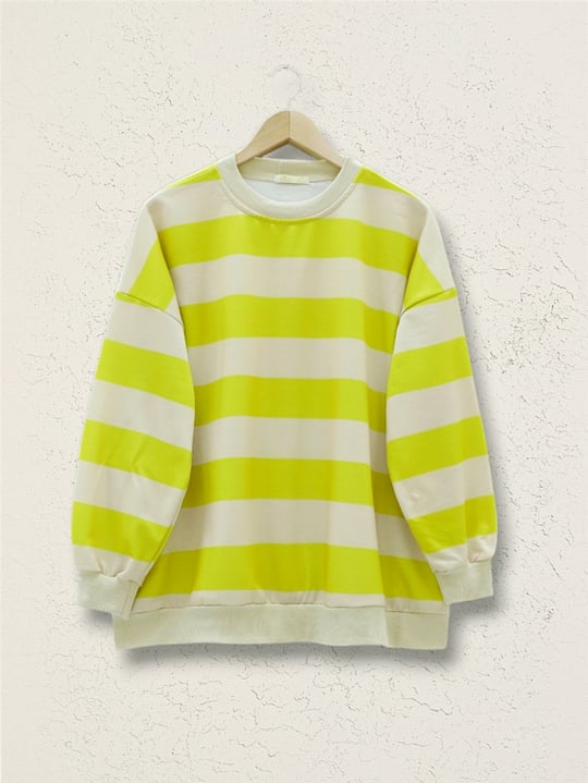 Yuvarlak Yaka Kalın Çizgili Oversize Sweat -Yağ Yeşili