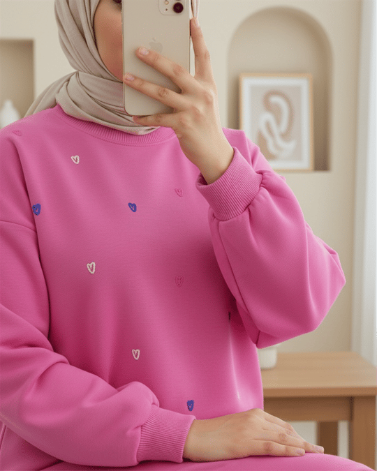Yuvarlak Yaka Kalp Desenli Penye Tunik  -Pembe