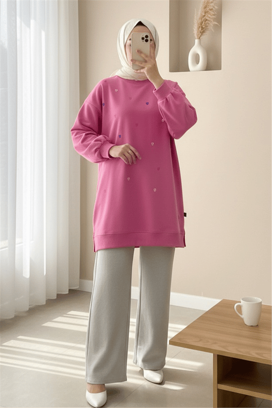 Yuvarlak Yaka Kalp Desenli Penye Tunik  -Pembe