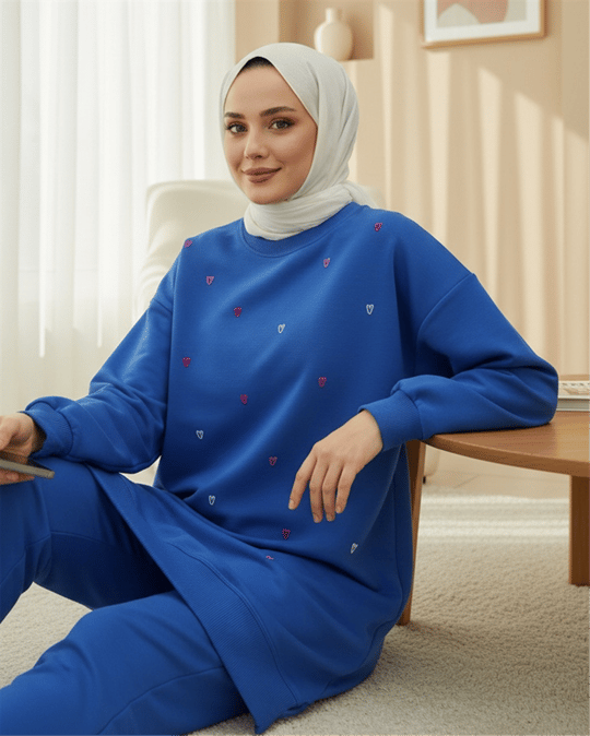 Yuvarlak Yaka Kalp Desenli Penye Tunik  -Mavi