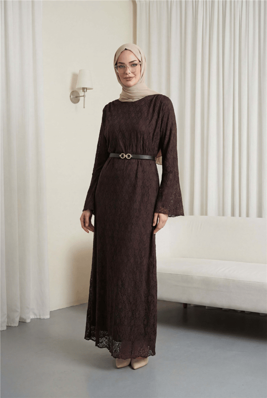 Womens Round-Neck Belted Lined Lace Dress - Dark Brown