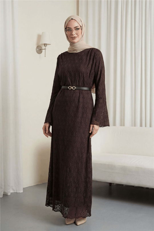 Womens Round-Neck Belted Lined Lace Dress - Dark Brown