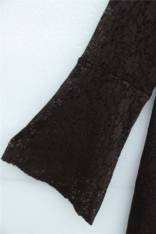 Womens Round-Neck Belted Lined Lace Dress - Dark Brown