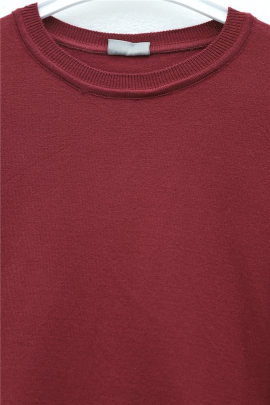 Yuvarlak Yaka Kolu Düğme Detaylı Triko Tunik  -Bordo