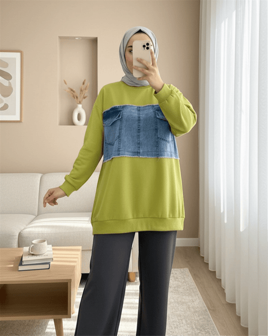 Yuvarlak Yaka Önü Kot Cep Detaylı Sweat -Yağ Yeşili