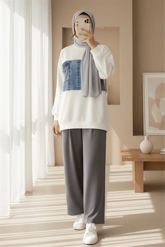 Yuvarlak Yaka Önü Kot Cep Detaylı Sweat -Beyaz-Sweatshirt-362-4419-R02
