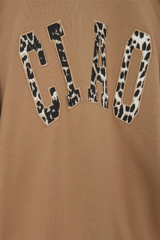 Yuvarlak Yaka Önü Nakışlı Sweat -Vizon