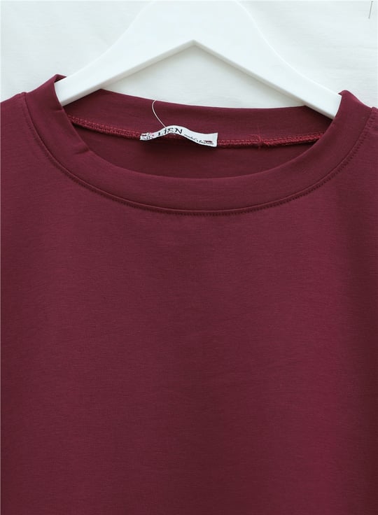 Yuvarlak Yaka Salaş Penye Tunik  -Bordo
