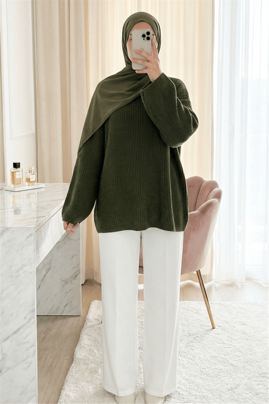 Yuvarlak Yaka Salaş Triko Kazak -Haki