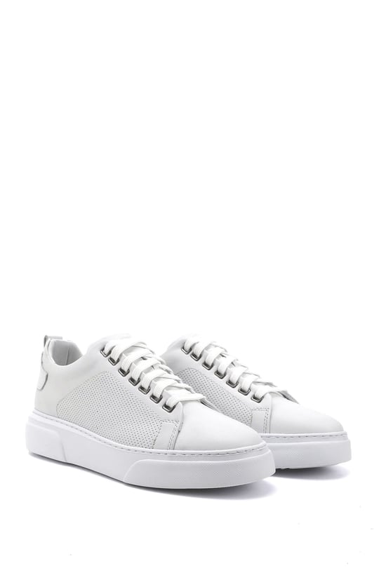 Mens White Lace-Up Genuine Leather Sneakers