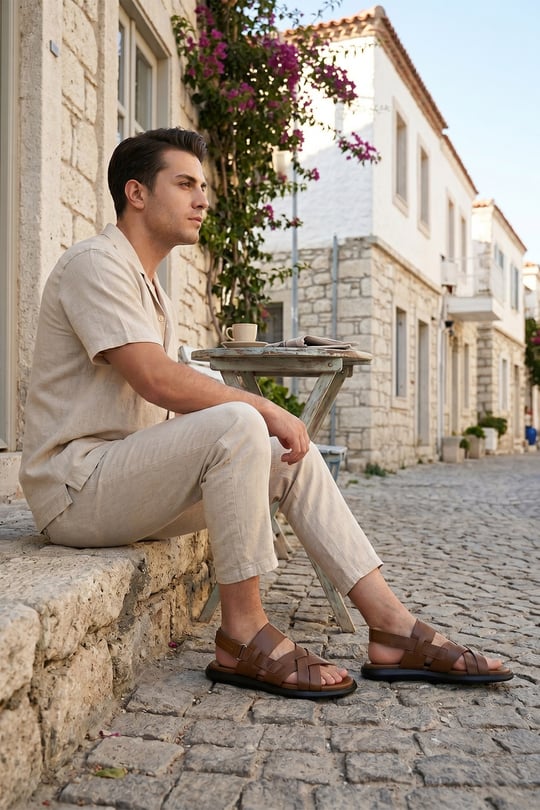 Erkek Ceviz Hakiki Deri Comfort Sandalet