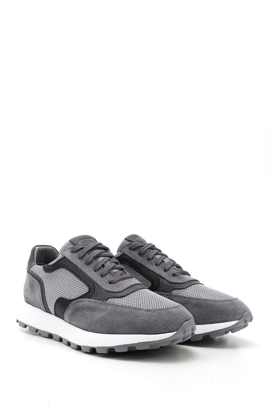 Mens Gray Lace-Up Genuine Leather Sneakers