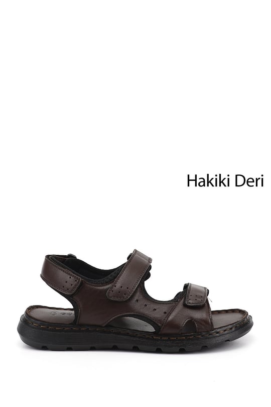 Erkek Kahverengi Ayarlanabilir Cırt Bantlı Hakiki Deri Sandalet