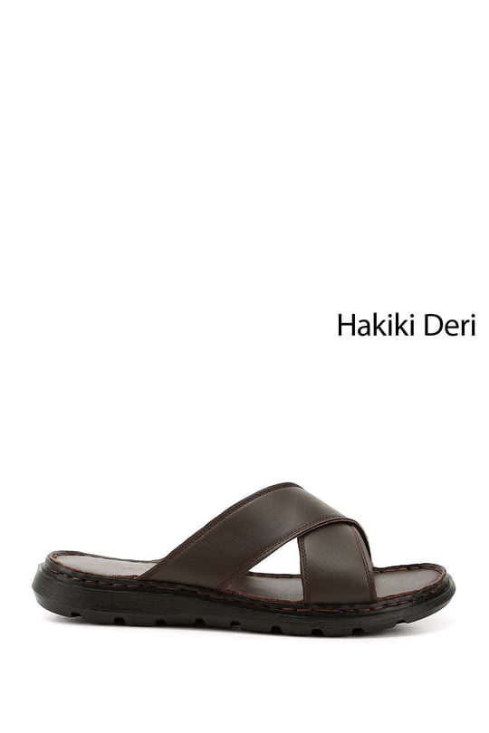Erkek Kahverengi Çapraz Bantlı Hakiki Deri Terlik