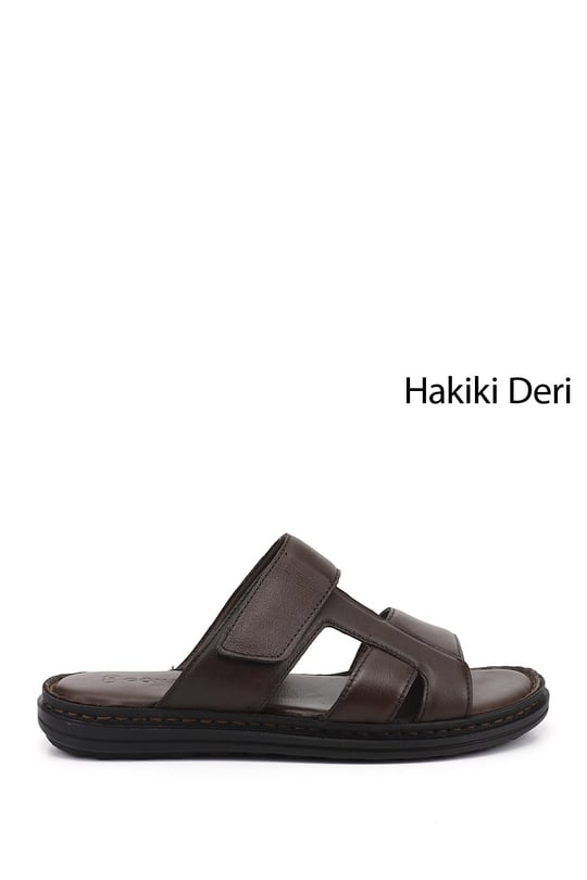 Erkek Kahverengi Cırt Bantlı Hakiki Deri Terlik