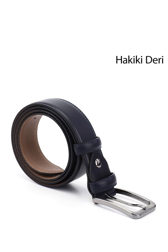 Erkek Lacivert Antik Hakiki Deri 3,5 Cm Klasik Kemer