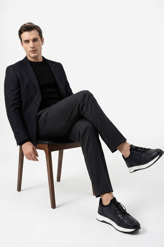 Erkek Lacivert Antik Likralı Lastik Bağcıklı Hakiki Deri Comfort Sneaker