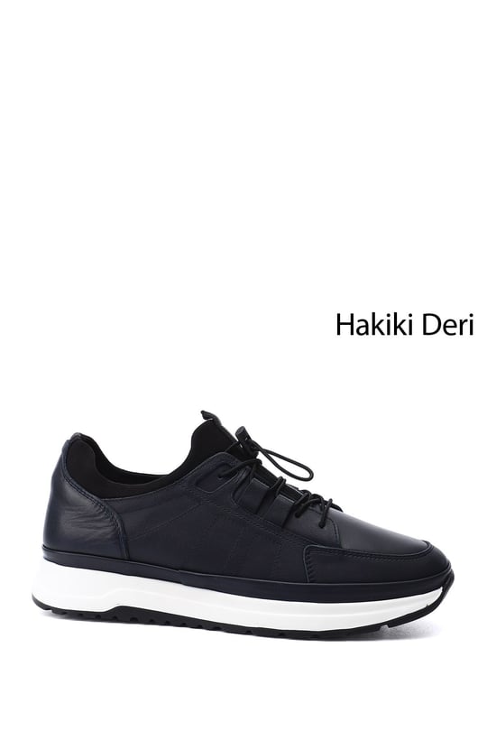 Erkek Lacivert Antik Likralı Lastik Bağcıklı Hakiki Deri Comfort Sneaker