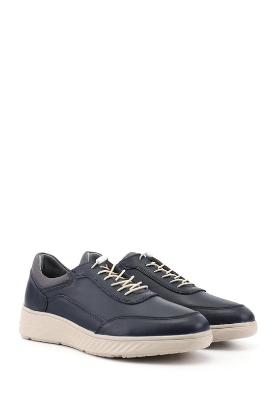 Mens Navy Blue Lace-up Rubber Sole Genuine Leather Sneaker