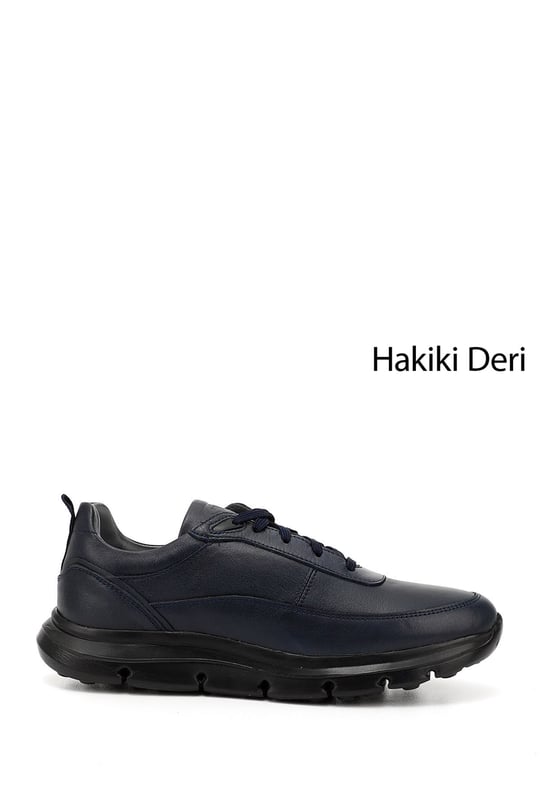 Mens Navy Blue Lace-Up Genuine Leather Sneakers