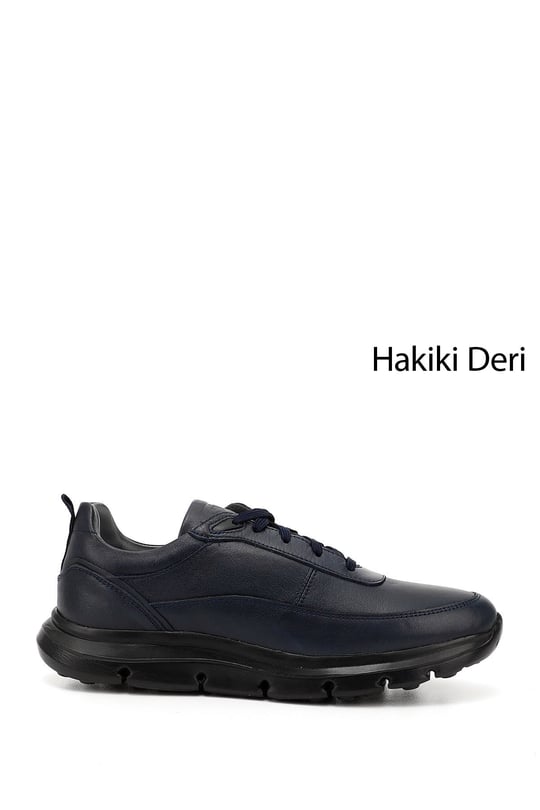 Erkek Lacivert Bağcıklı Hakiki Deri Sneaker