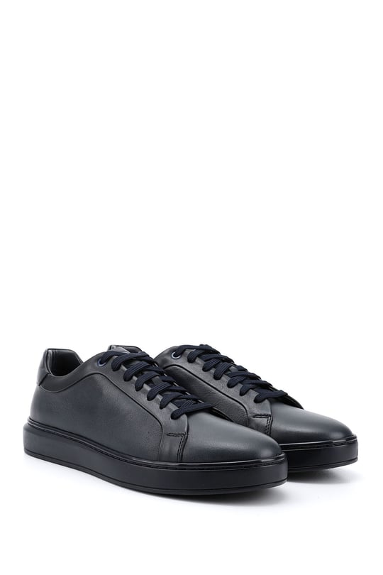 Mens Navy Blue Lace-Up Rubber Sole Genuine Leather Sneakers