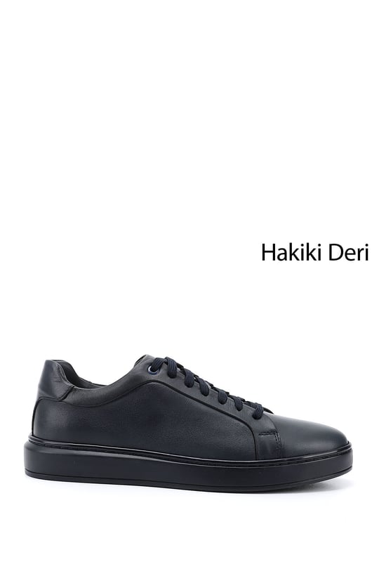 Mens Navy Blue Lace-Up Rubber Sole Genuine Leather Sneakers