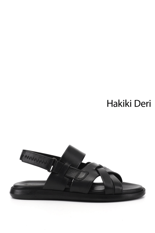 Erkek Siyah Ayarlanabilir Cırt Bantlı Hakiki Deri Sandalet