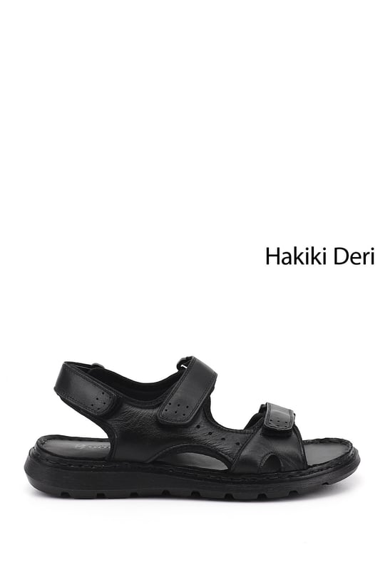 Erkek Siyah Ayarlanabilir Cırt Bantlı Hakiki Deri Sandalet