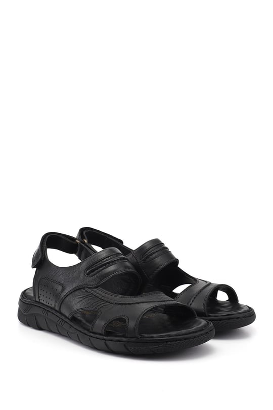 Erkek Siyah Hakiki Deri Comfort Sandalet