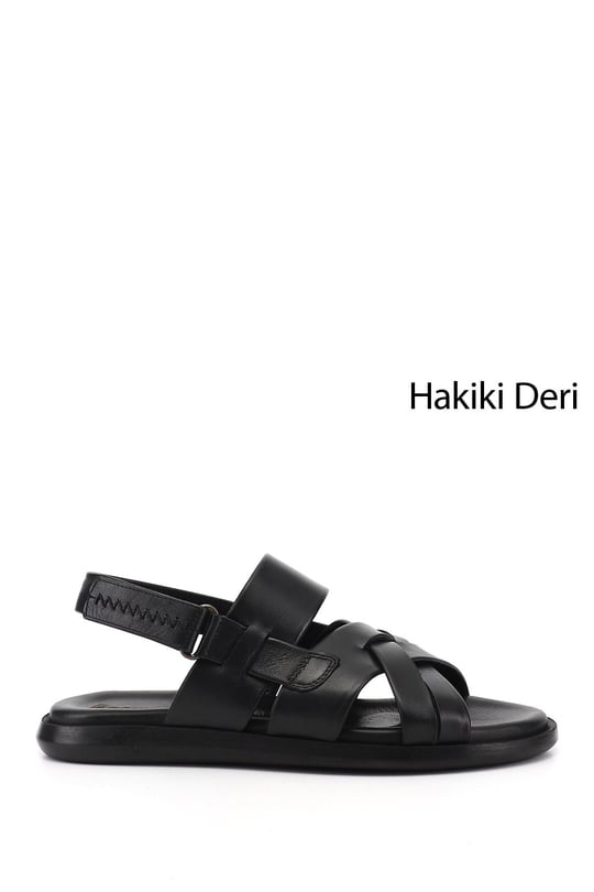 Erkek Siyah Ayarlanabilir Cırt Bantlı Hakiki Deri Sandalet