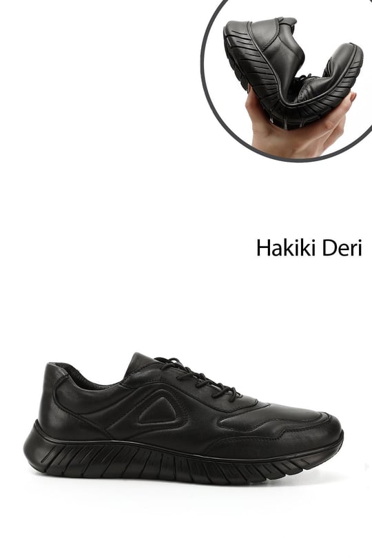 Mens Black Lace-Up Genuine Leather Comfort Sneaker