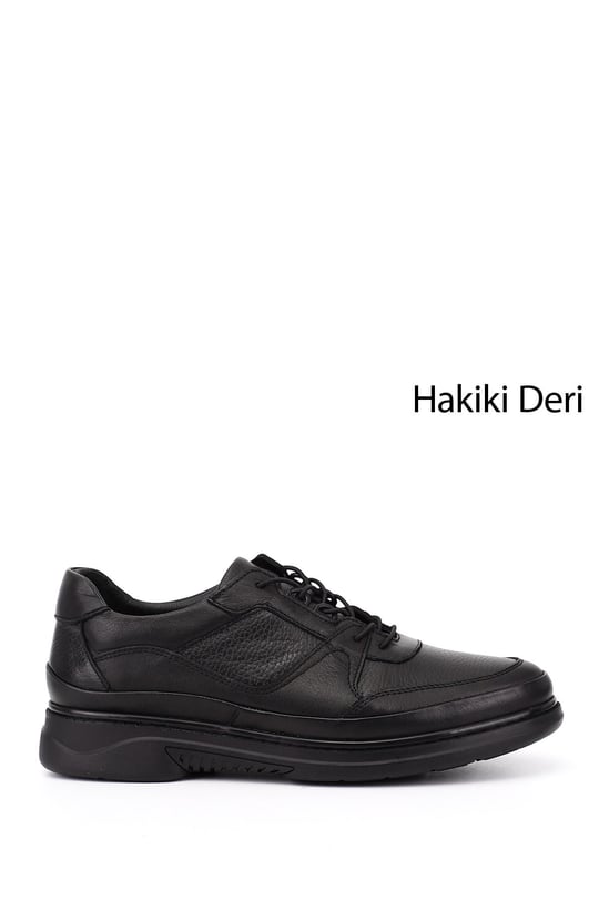 Mens Black Lace-Up Rubber Sole Genuine Leather Sneaker