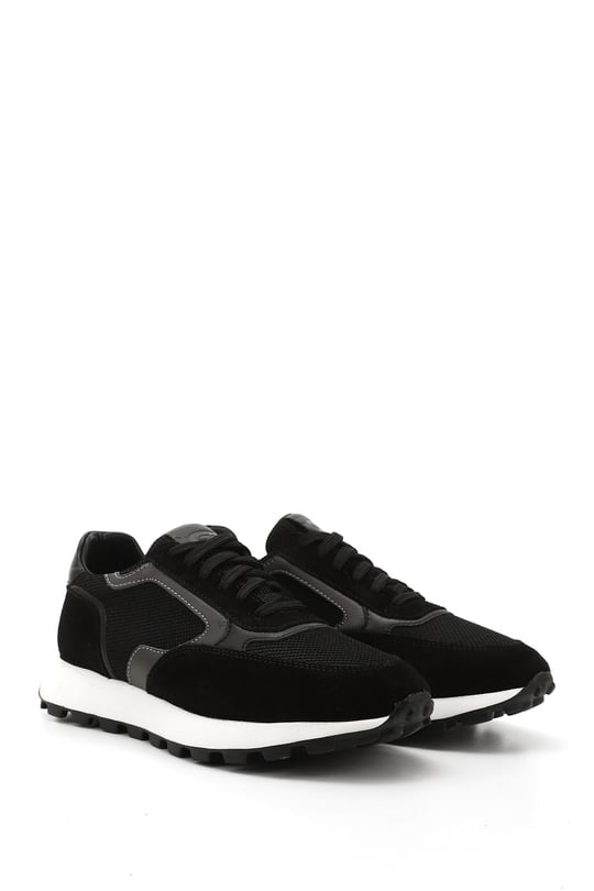 Mens Black Lace-Up Genuine Leather Sneakers