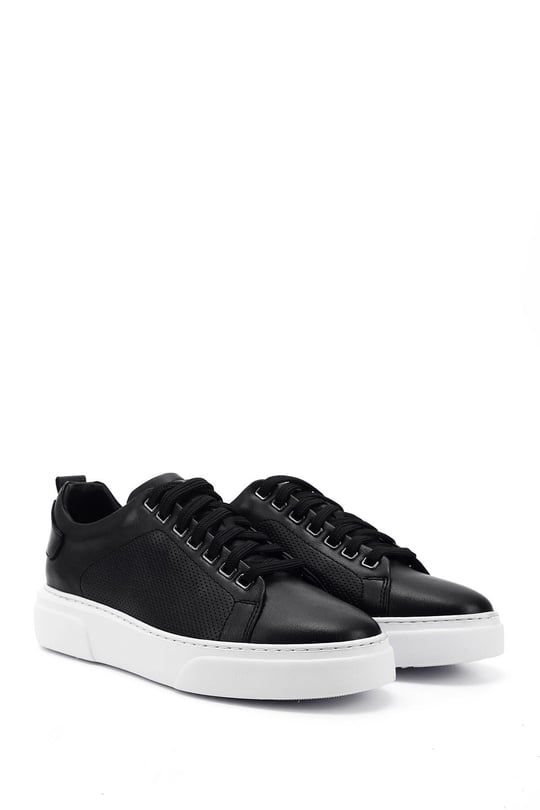 Mens Black Lace-Up Genuine Leather Sneakers