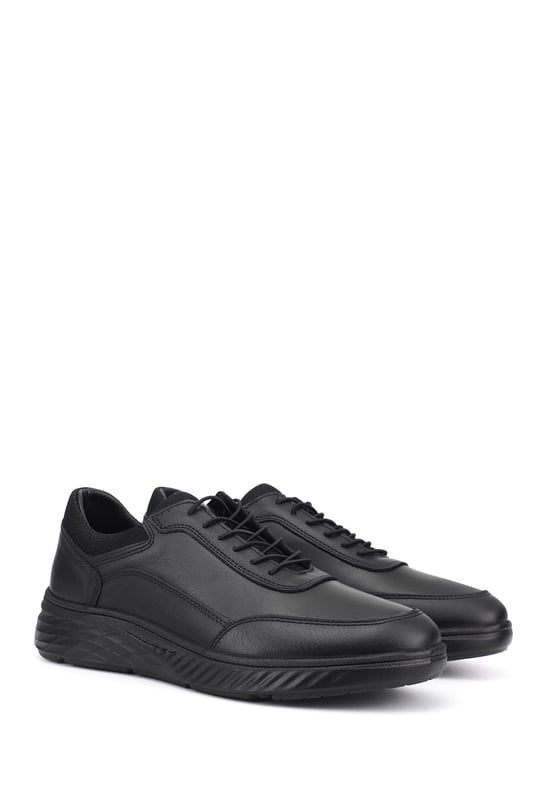 Mens Black Lace-up Rubber Sole Genuine Leather Sneaker