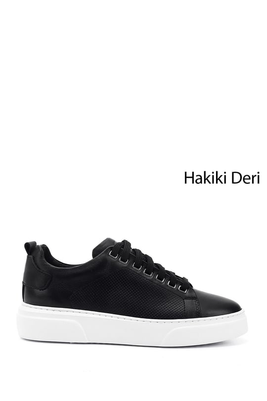 Mens Black Lace-Up Genuine Leather Sneakers